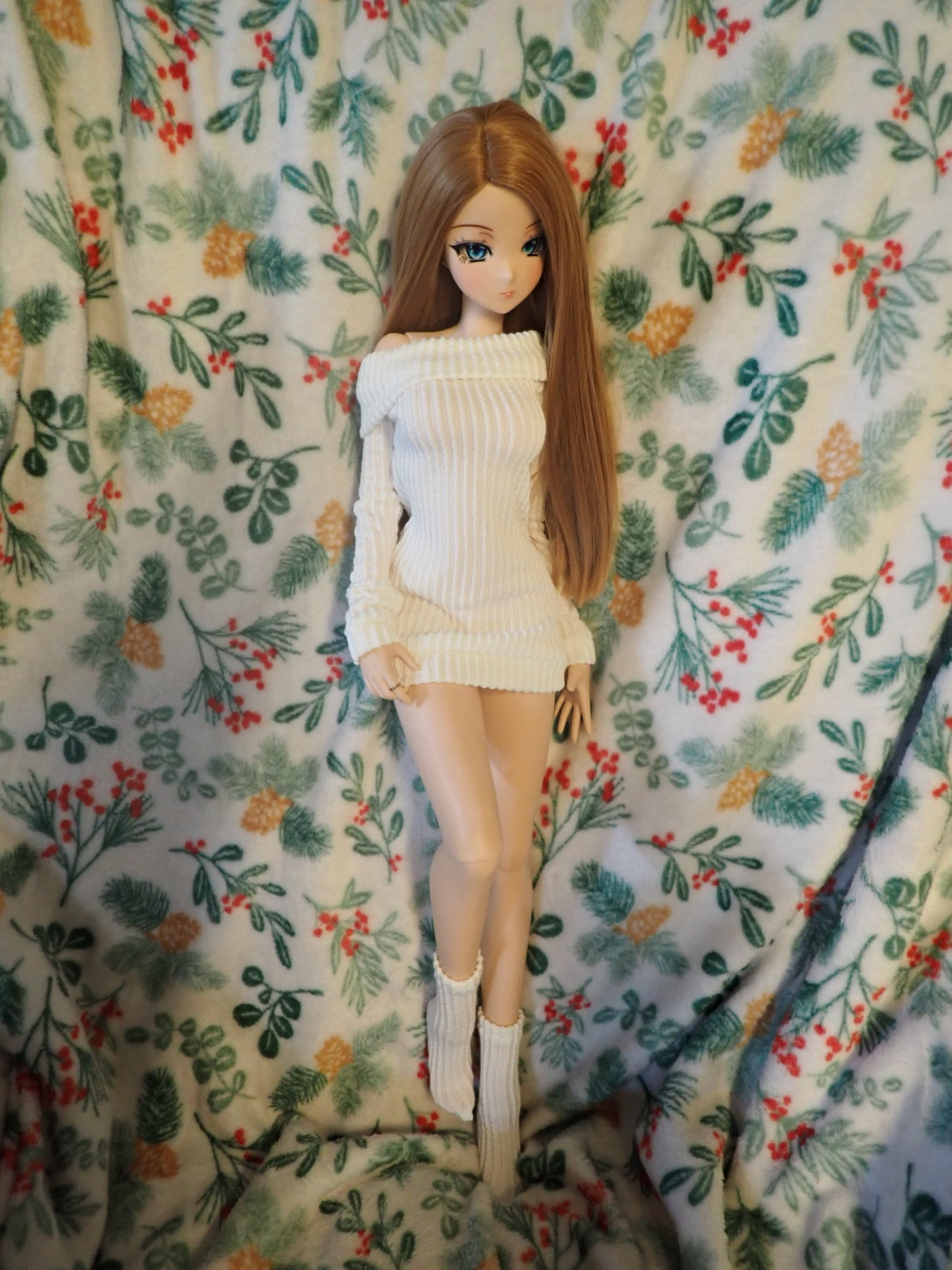 Smart doll Classic sweater dress and socks set off white ribbed knit