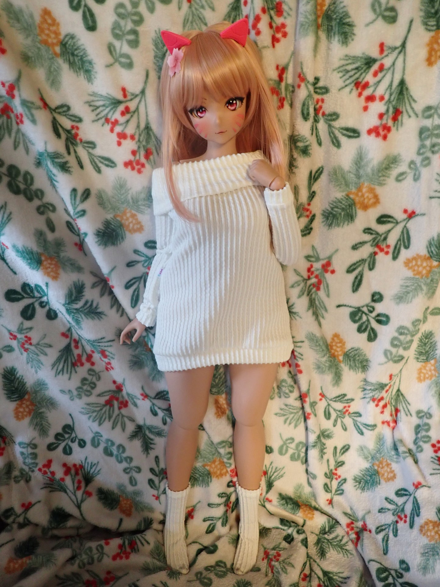 Smart doll PEAR sweater dress and socks set off white ribbed knit