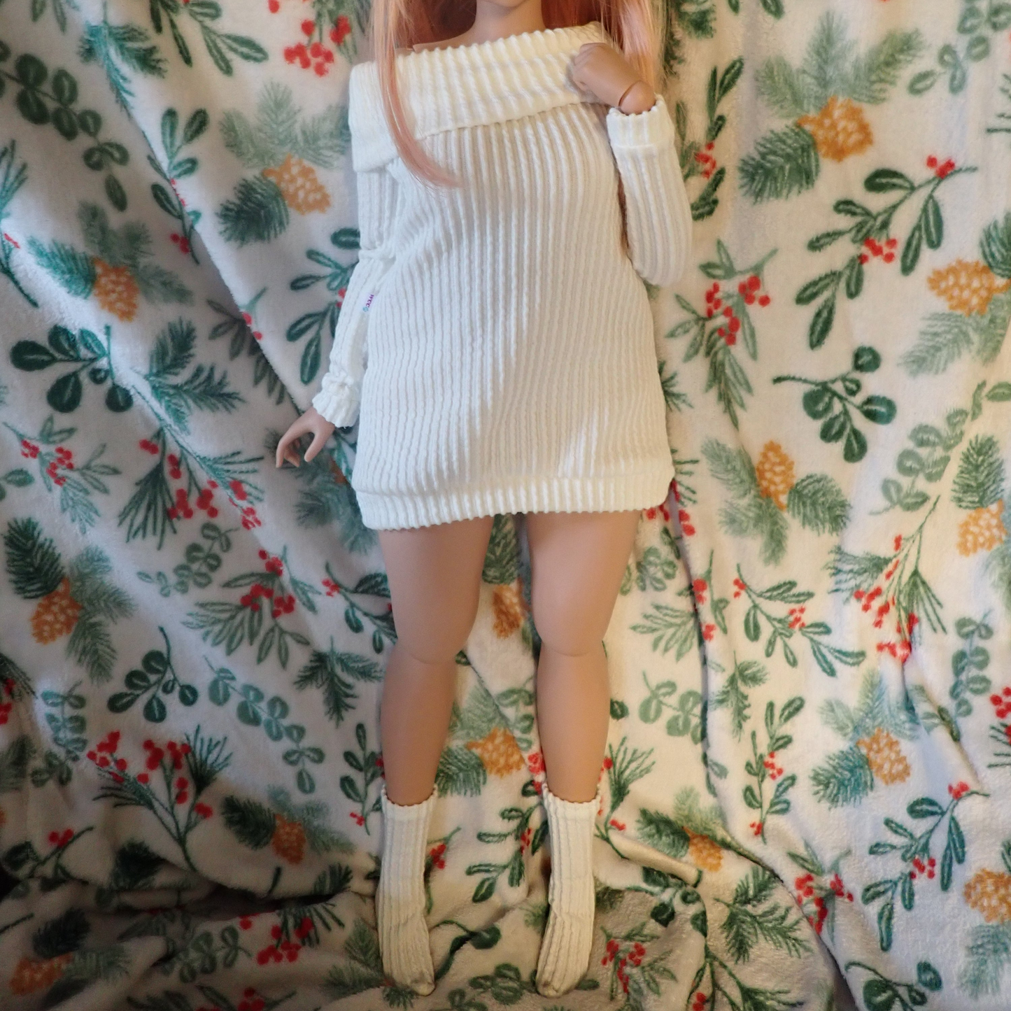 Smart doll PEAR sweater dress and socks set off white ribbed knit