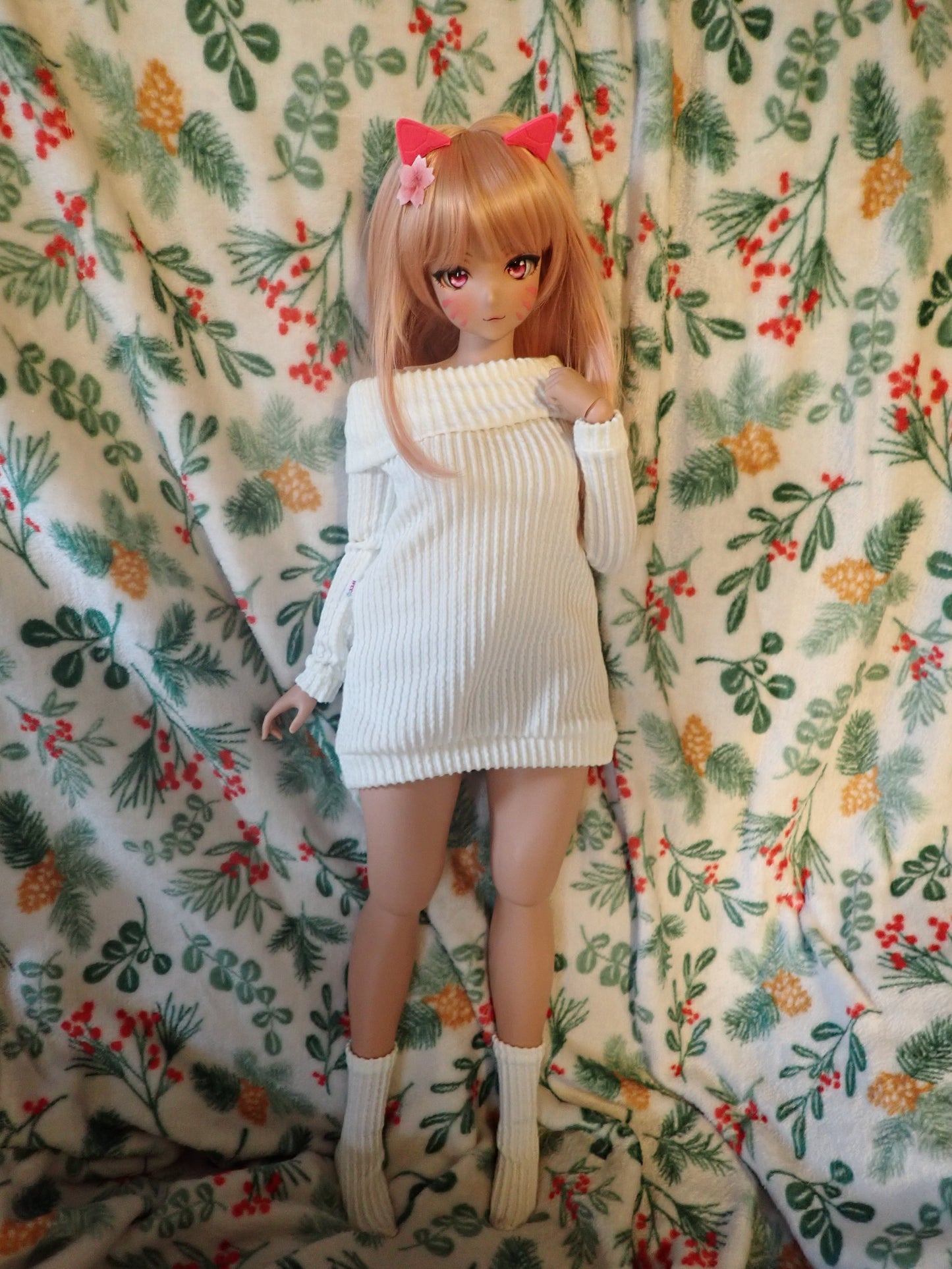 Smart doll PEAR sweater dress and socks set off white ribbed knit