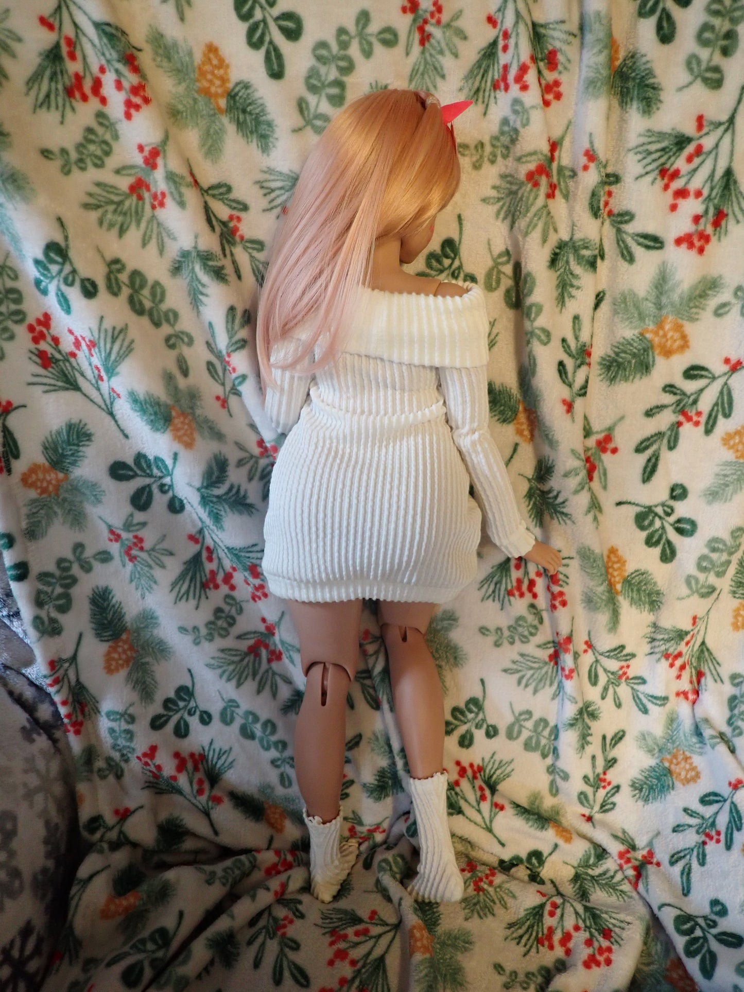 Smart doll PEAR sweater dress and socks set off white ribbed knit