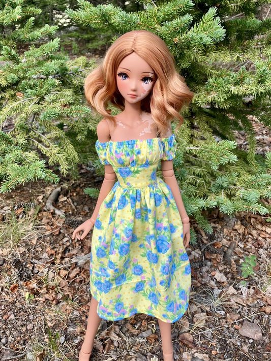 MADE TO ORDER Smart doll yellow and blue rose sundress puffy sleeves
